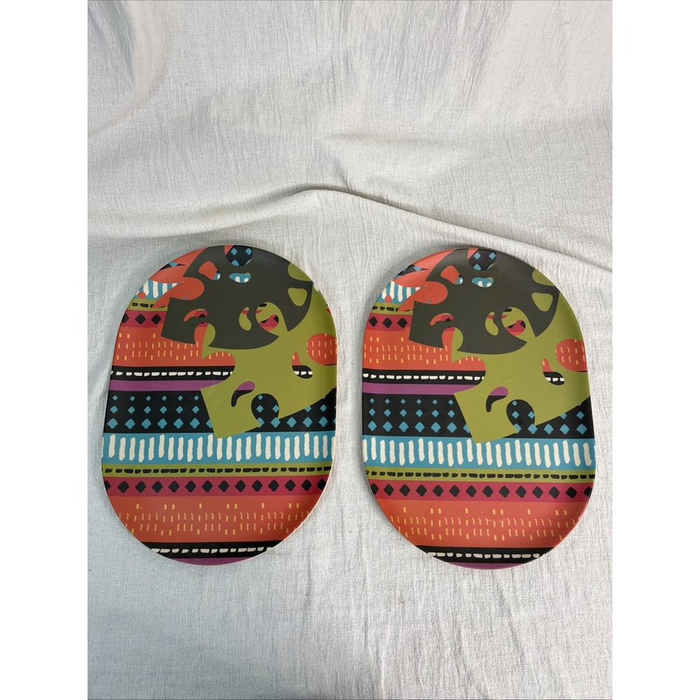 2- African Ethnic Matte Melamine‎ Oval Serving Platters Tribal 15x10.5" Picnic